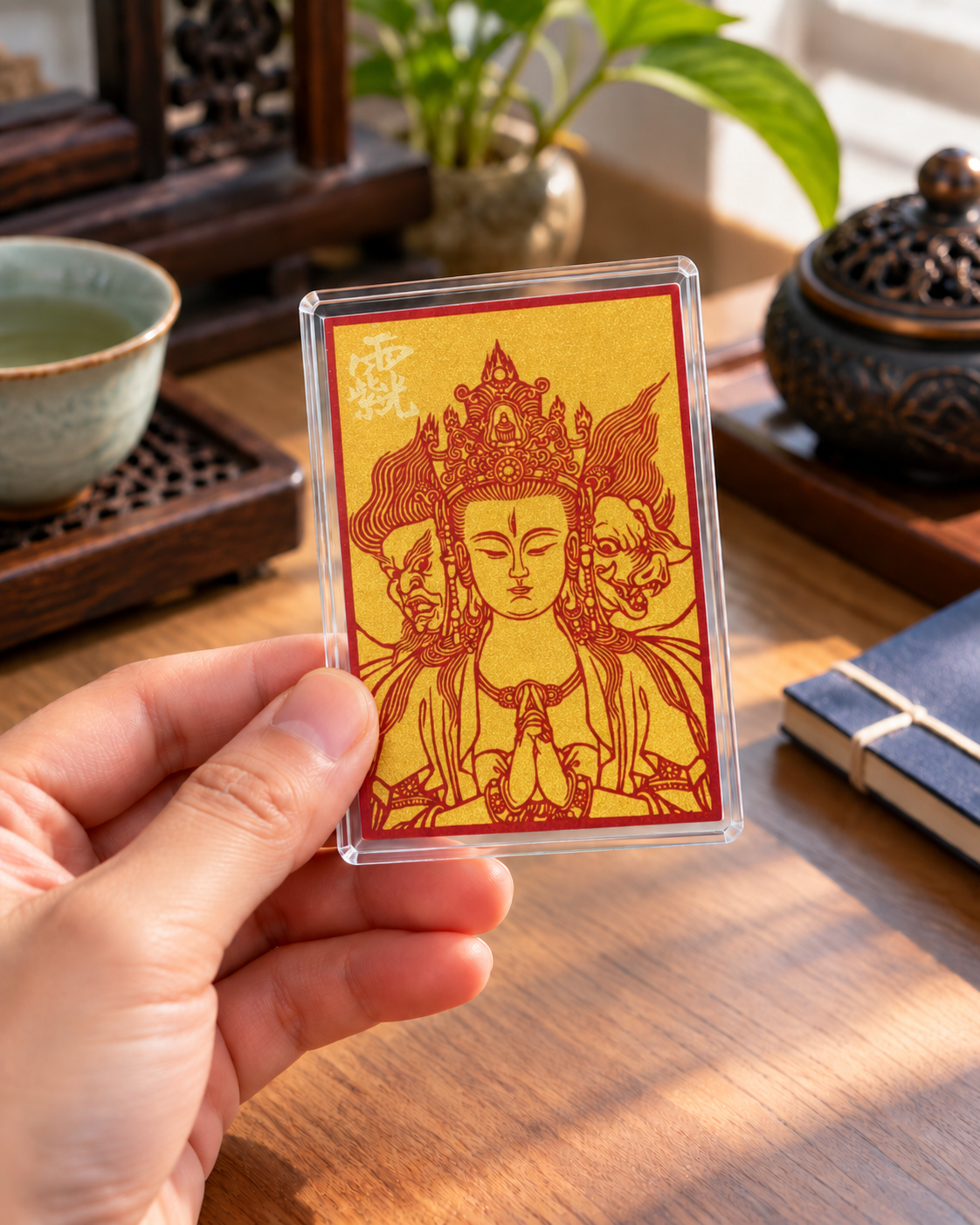 斗姆元君朱砂篆刻印像｜透明卡套手持場景示意